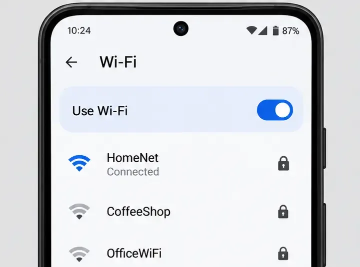 Un écran de paramètres Wi-Fi affichant le réseau connecté et les réseaux à proximité dans la liste.