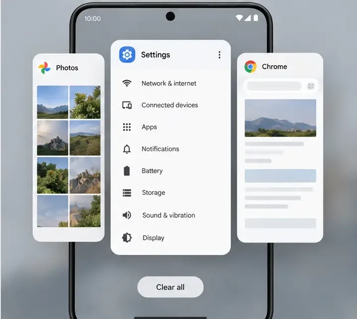 Vue des applications récentes Android avec plusieurs fiches d'applications et un bouton « Tout effacer ».