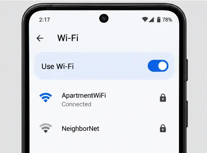 Une deuxième liste Wi-Fi affichant un réseau connecté et un autre réseau disponible.