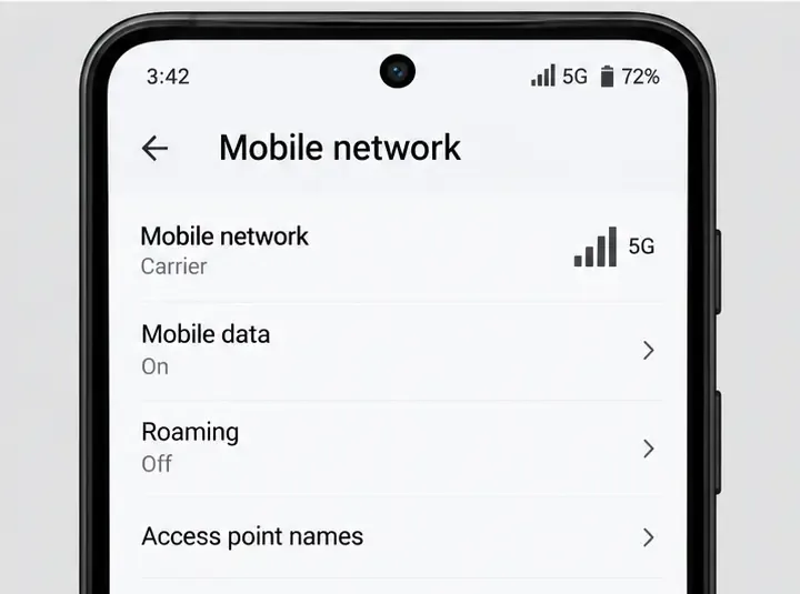 Écran des paramètres du réseau mobile affichant la connexion à l'opérateur, les barres de signal et l'état des données mobiles.