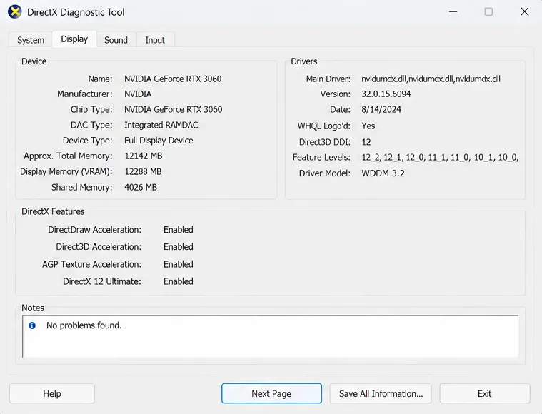 DirectX Diagnostic Tool Display tab showing Device and Drivers sections with an example NVIDIA graphics card.