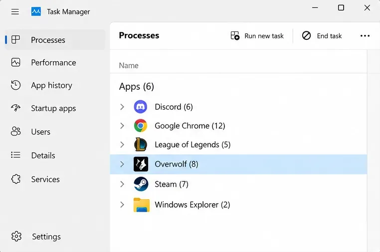 Task Manager listing Discord, League of Legends, and Overwolf, with Overwolf selected.