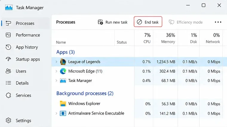 Task Manager with League of Legends selected and the End task button outlined.