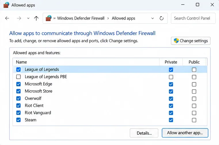 Windows Defender Firewall Allowed apps window with League of Legends selected and Allow another app visible.