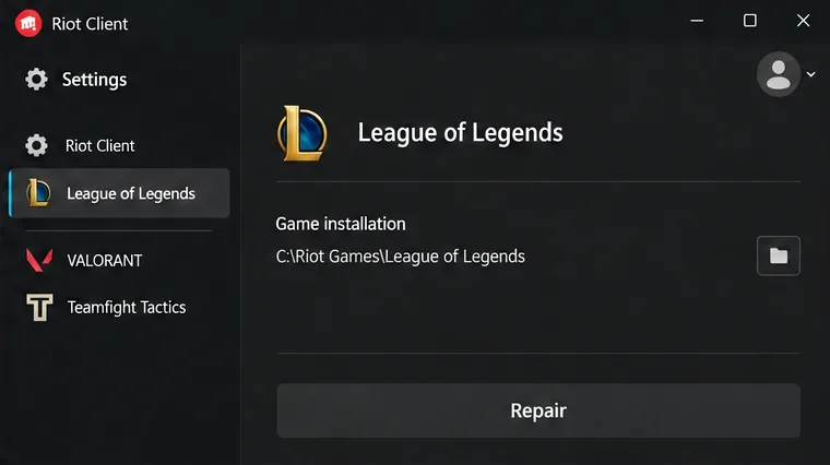 Riot Client settings with League of Legends selected on the left and a Repair button at the bottom.