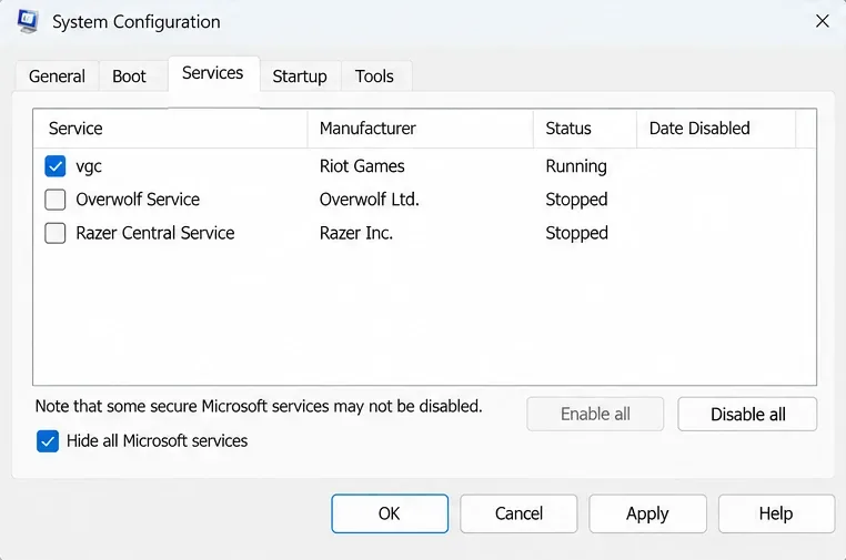 System Configuration Services tab with Hide all Microsoft services checked and vgc checked while two third-party services are unchecked.