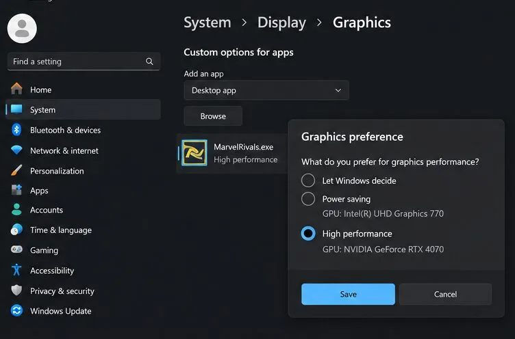 Ustawienia grafiki systemu Windows 11 dla gry Marvel Rivals z wybraną opcją Wysoka wydajność procesora GPU