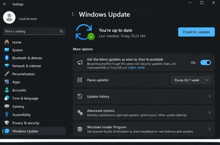Ustawienia usługi Windows Update pokazujące kontrolkę Sprawdź dostępność aktualizacji i stan aktualizacji