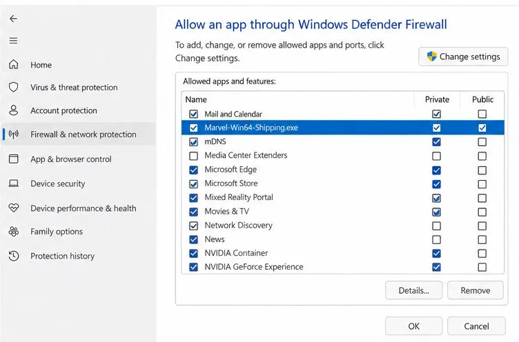 Lista dozwolonych aplikacji Zapory systemu Windows, na której jako wybrany wpis gry widnieje Marvel-Win64-Shipping.exe