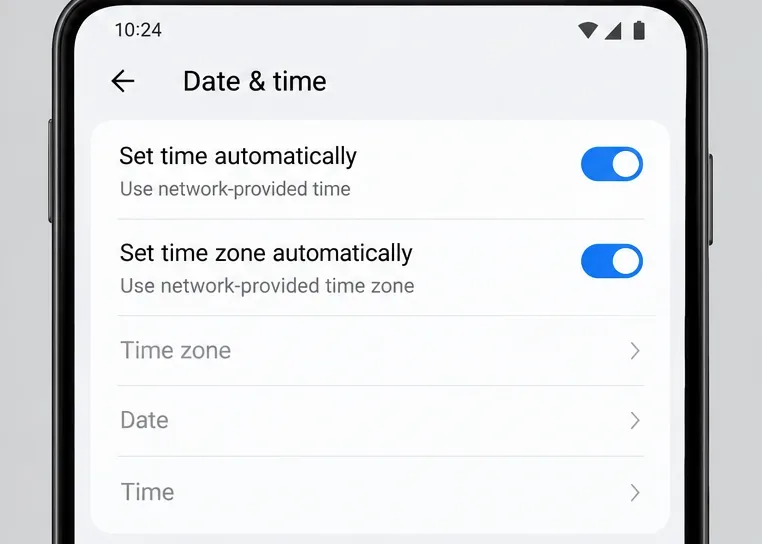 La pantalla de configuración de fecha y hora de Android muestra que la hora automática y la zona horaria automática están habilitadas.
