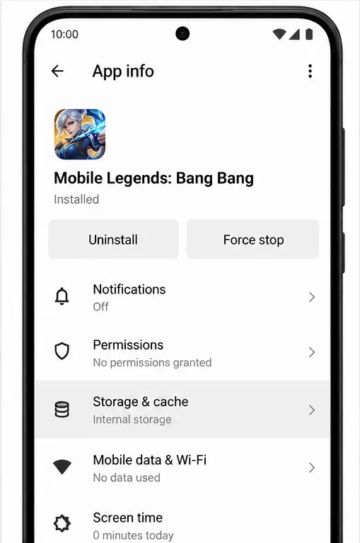 Una pantalla representativa de información de la aplicación de Android para Mobile Legends: Bang Bang muestra las filas Forzar detención y Almacenamiento y caché.