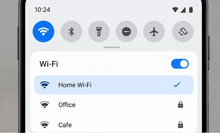 El panel de configuración de Wi-Fi de Android muestra que el Wi-Fi está activado y que se ha seleccionado una red, con otras redes listadas debajo.