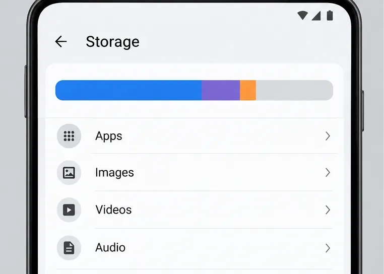 La pantalla de configuración de almacenamiento de Android muestra una barra de espacio utilizado y filas para aplicaciones, imágenes, vídeos y audio.