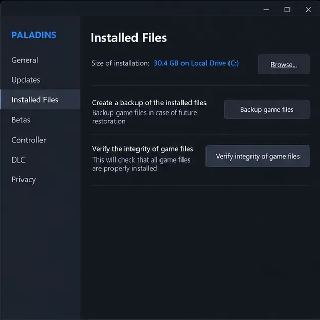 Okno Właściwości Steam dla Paladins, w zakładce Zainstalowane pliki, z widocznym przyciskiem Sprawdź integralność plików gry.