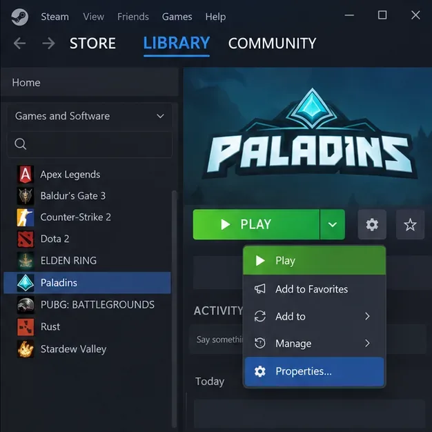 Biblioteka Steam z wybraną grą Paladins i otwartym menu kontekstowym na poleceniu Właściwości.
