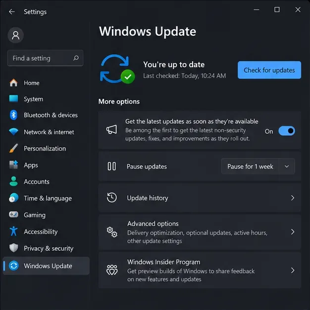 Ustawienia systemu Windows 11 otwierają stronę Windows Update z widocznym przyciskiem Sprawdź dostępność aktualizacji.