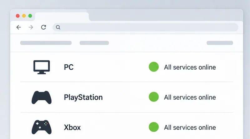 Exemple de page d'état du service de jeu avec des lignes pour PC, PlayStation et Xbox, chacune affichant un indicateur vert.