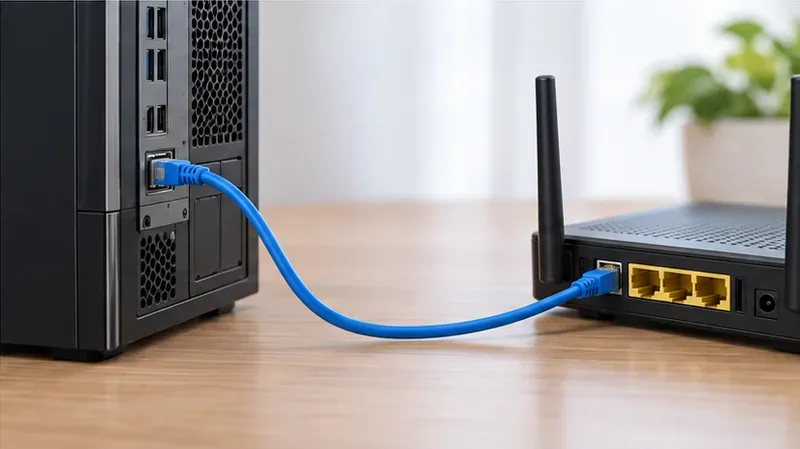 Un câble Ethernet reliant le port réseau d'un ordinateur de bureau à un routeur domestique