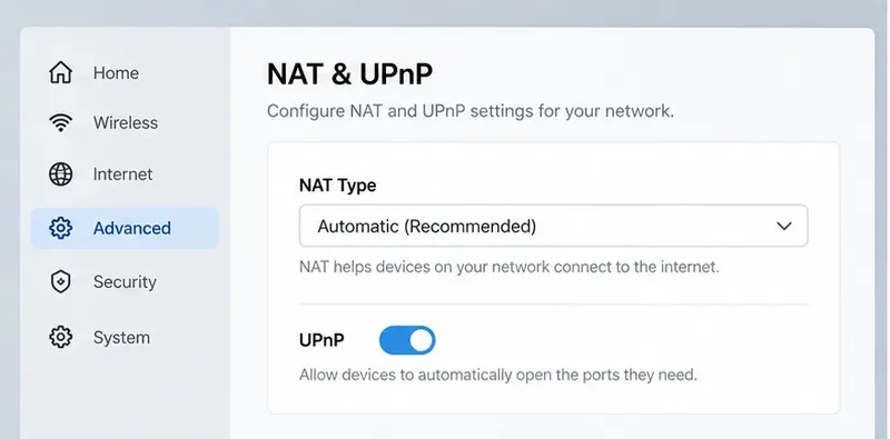 Écran générique des paramètres d'un routeur domestique affichant la sélection automatique du NAT et l'activation/désactivation de l'UPnP