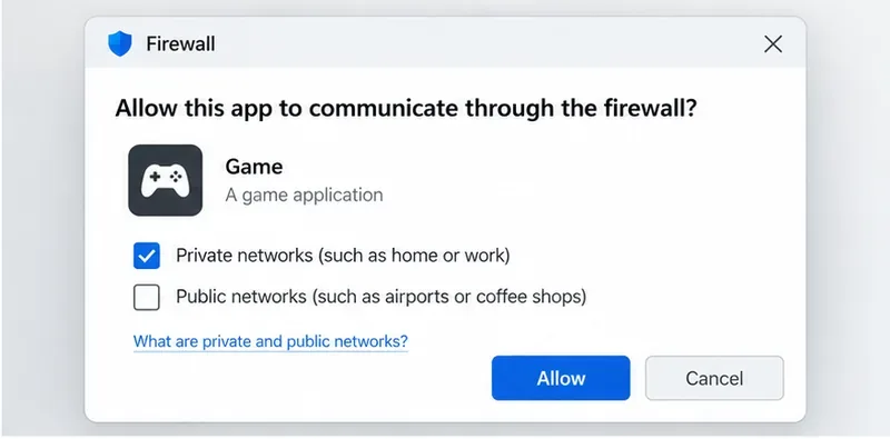 Une fenêtre d'autorisation de pare-feu générique autorisant une application de jeu sur un réseau privé