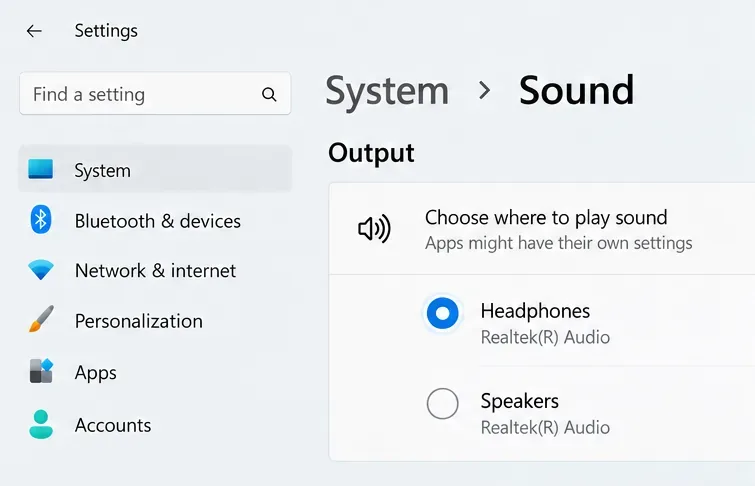 Windows Sound Output list with Headphones selected and Speakers unselected.