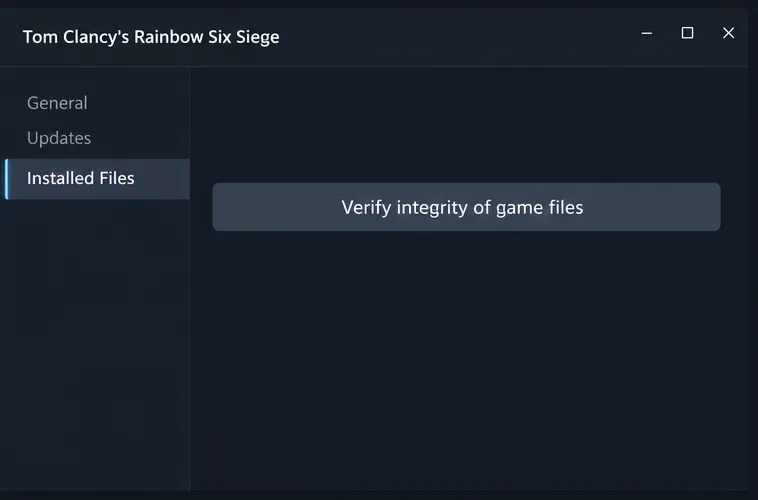 Steam game Properties window with Installed Files selected and the Verify integrity of game files button visible.