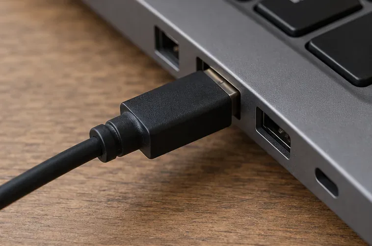 A black USB headset connector plugged directly into a laptop USB-A port.