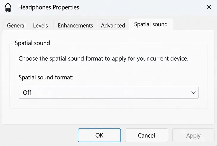 Headphones Properties Spatial sound tab with the spatial sound format set to Off.
