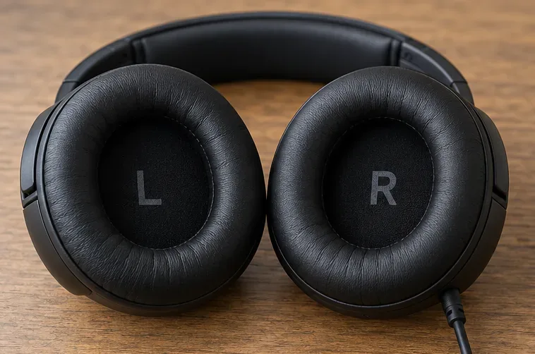 Black over-ear headphones on a wooden desk with visible L and R earcup markings.