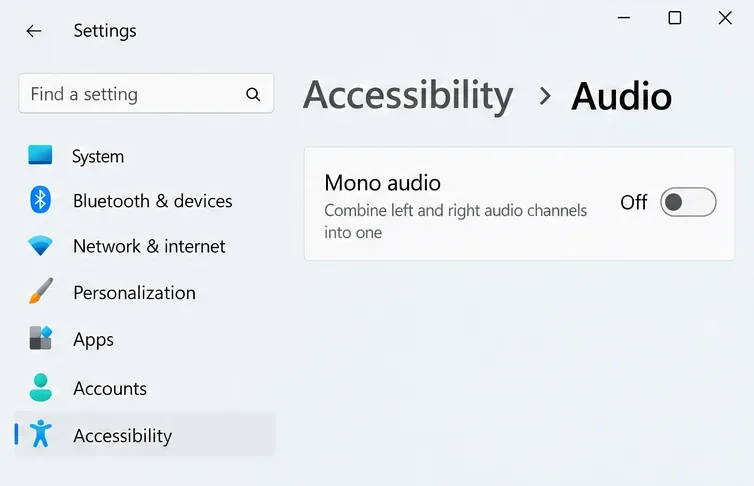 Windows Accessibility Audio page with Mono audio set to Off.