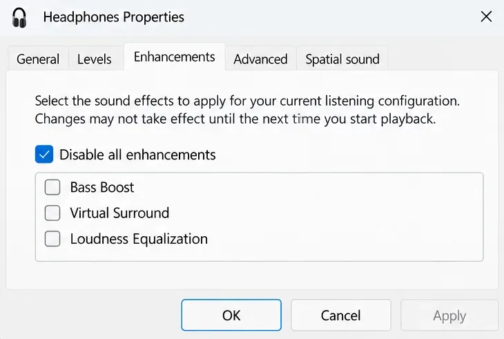 Headphones Properties Enhancements tab with Disable all enhancements checked.