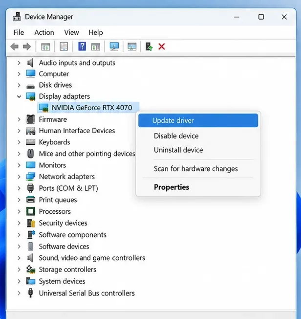 Windows Device Manager with a GeForce RTX graphics adapter and the Update driver command visible
