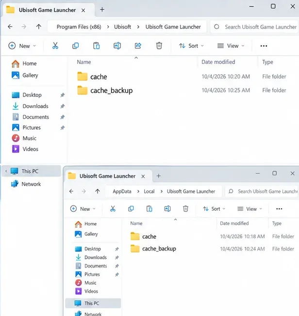 Windows File Explorer showing Ubisoft Game Launcher cache and cache_backup folders in the two documented cache locations