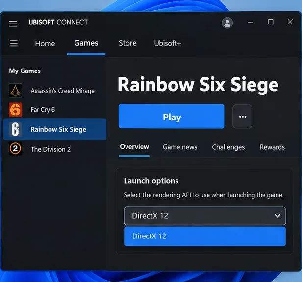 Ubisoft Connect-style view showing Rainbow Six Siege with DirectX 12 selected as the launch API