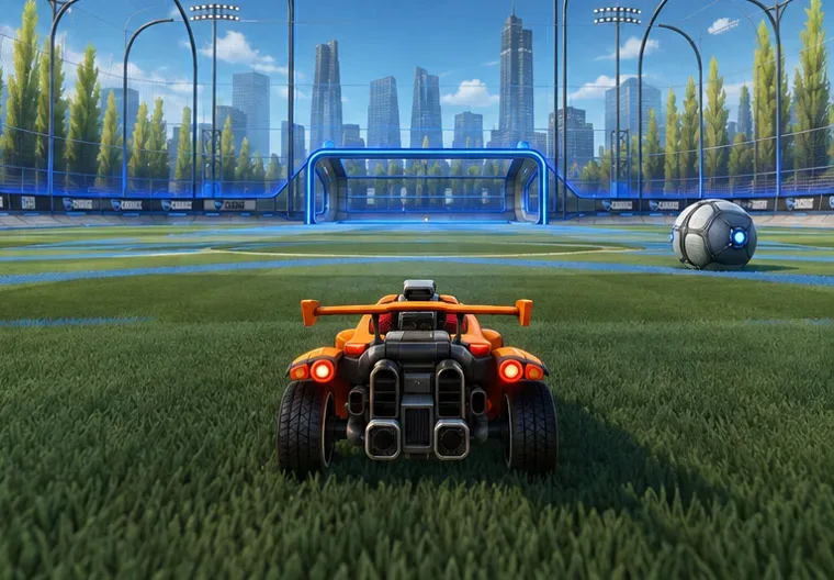 Illustration du gameplay montrant une voiture orange face à un but bleu sur un terrain plat, le ballon étant situé à droite.