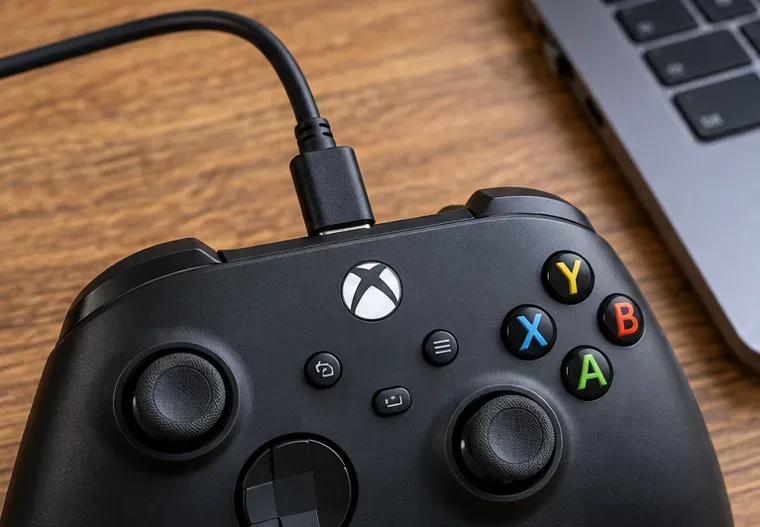 Manette noire connectée par USB sur un bureau à côté d'un ordinateur portable.