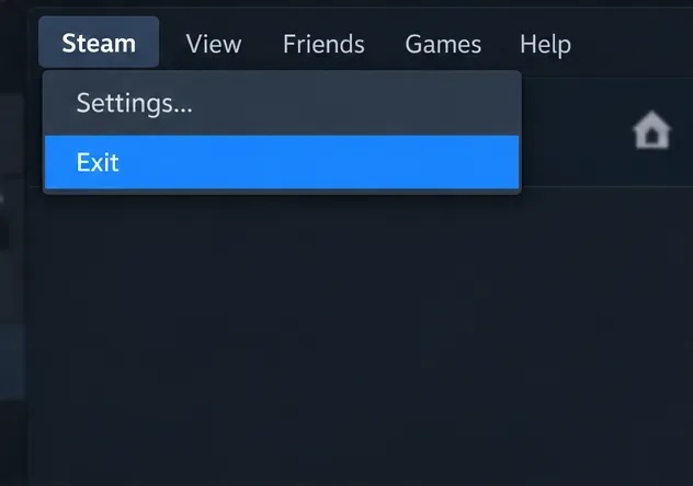 Steam menu showing the Exit option in a dark desktop interface.