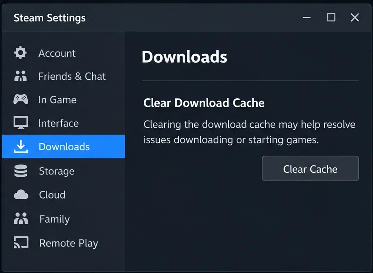Steam Settings view with Downloads selected and the Clear Download Cache control.
