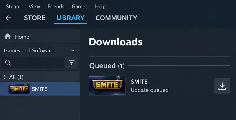 Steam Downloads view showing a SMITE entry marked Update queued and a download arrow.
