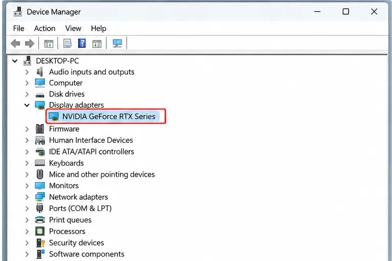 Administrador de dispositivos de Windows con adaptadores de pantalla expandidos y un adaptador NVIDIA GeForce seleccionado.