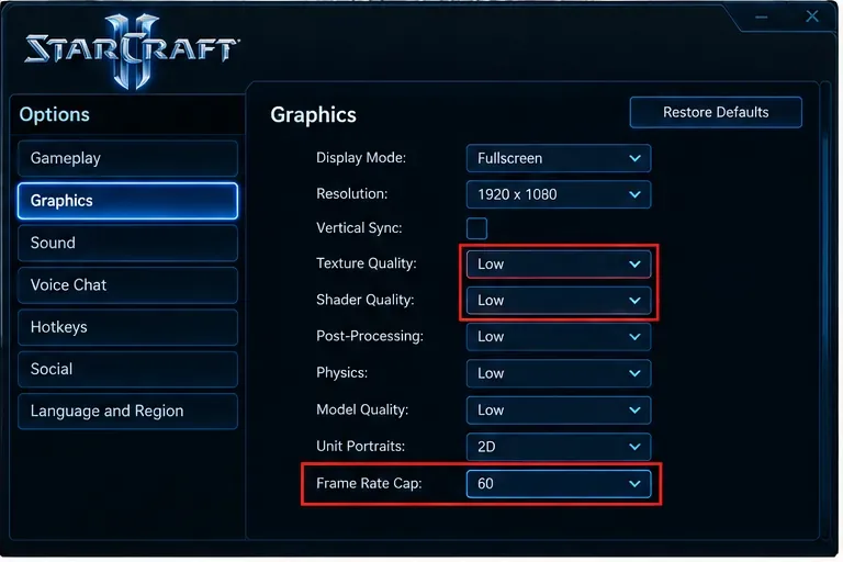 Pantalla de opciones gráficas de StarCraft II que ilustra una configuración gráfica de menor carga.