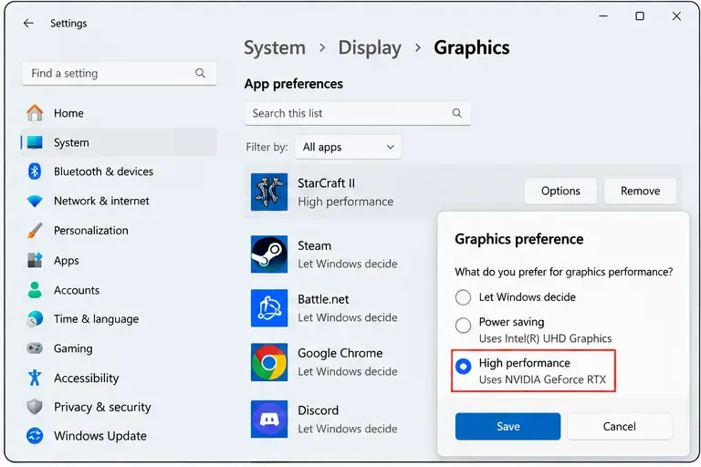 Configuración gráfica de Windows 11 que muestra una preferencia de GPU de alto rendimiento para StarCraft II.