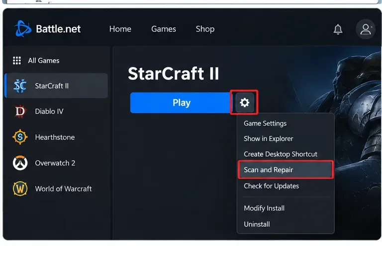 Página del juego StarCraft II en Battle.net con la opción Escanear y Reparar resaltada en el menú del juego.