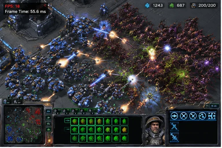 Une bataille intense de StarCraft II avec de nombreuses unités Terran et Zerg et un affichage illustratif à faible FPS.