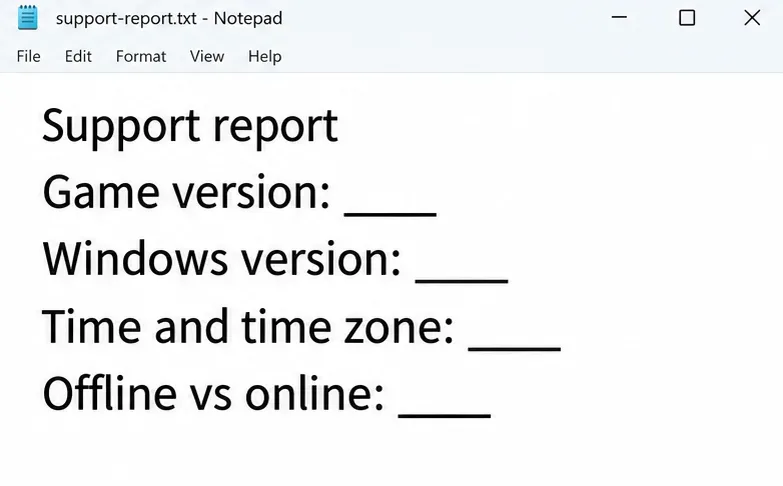 Notepad support-report template with game version, Windows version, time zone, and behavior fields.