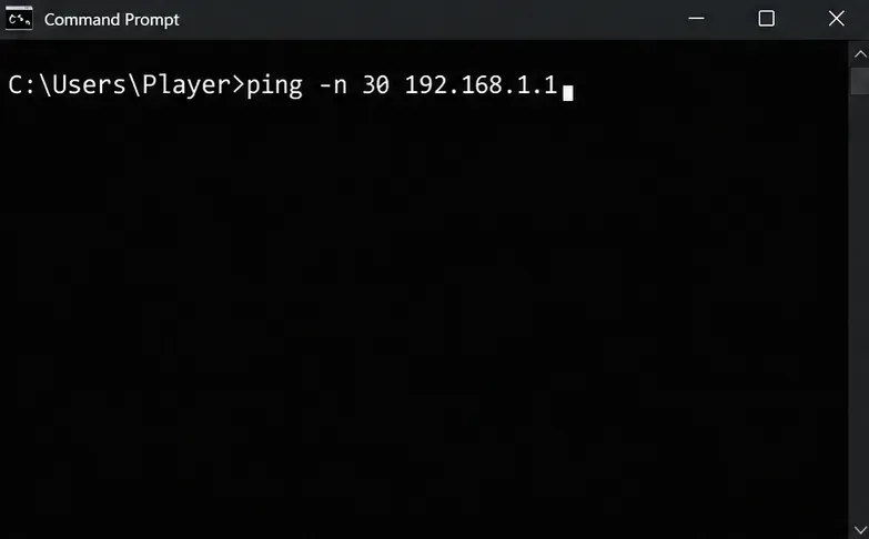 Command Prompt containing ping -n 30 192.168.1.1 with no test results shown.