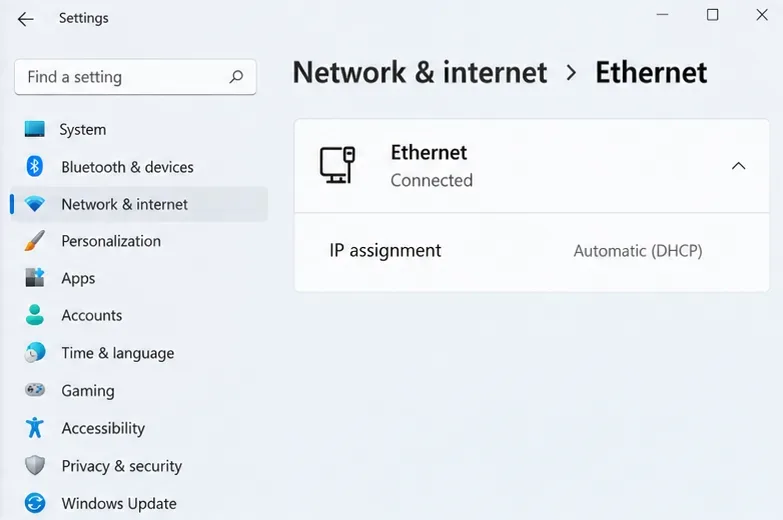 Windows Ethernet settings showing Connected and Automatic DHCP IP assignment.