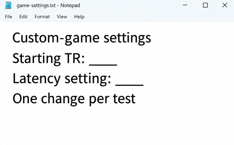 Notepad with blank starting turn rate and latency-setting fields and a one-change reminder.