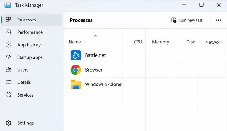 Task Manager Processes view with CPU, Memory, Disk, and Network columns.