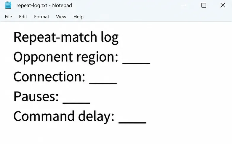 Notepad with blank opponent region, connection, pauses, and command-delay fields.